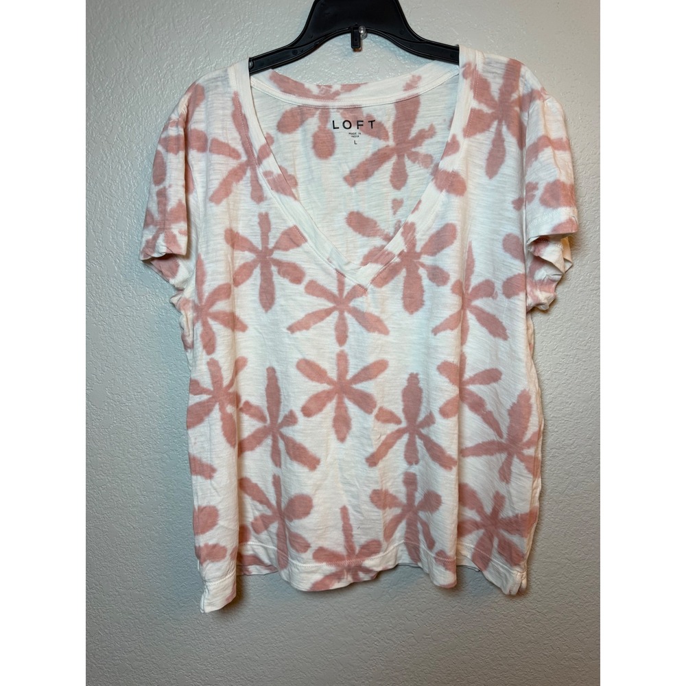 LOFT V-Neck Short Sleeve Tie Dye Floral Slub Tee Pink White Large